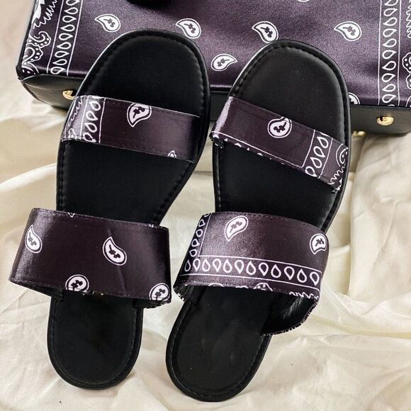 Black Bandana Double Strap Slides Sandals - Picture 3 of 4